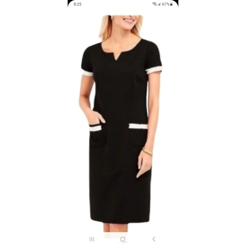 Talbots black ponte shift dress 6 ivory fringe pockets knit career comfy classic